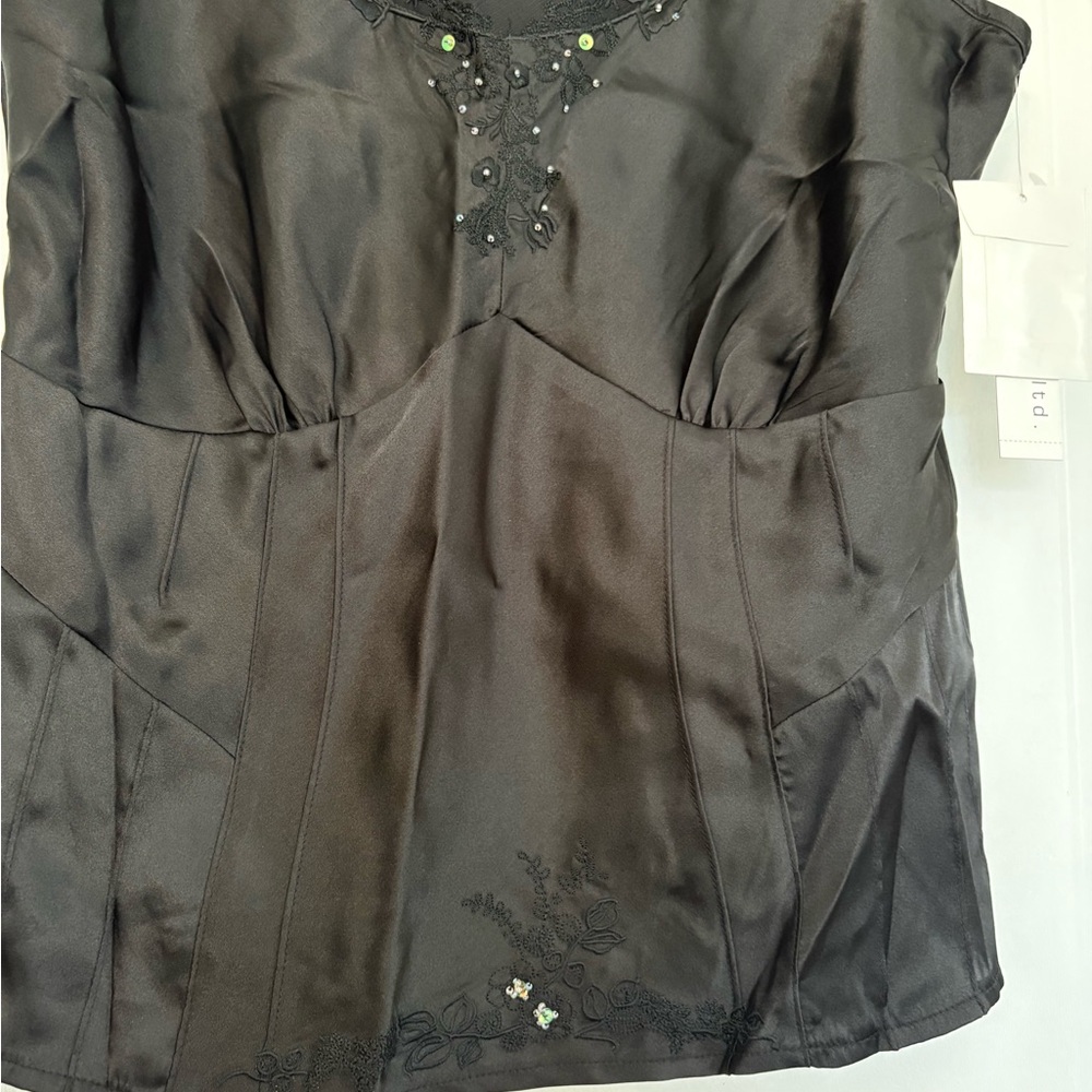 NEW Pursuits Ltd Women MP Black Satin Sleeveless Beaded Sequin Embroidered Top